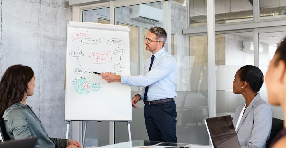 Business owner demonstrating a business plan to colleagues